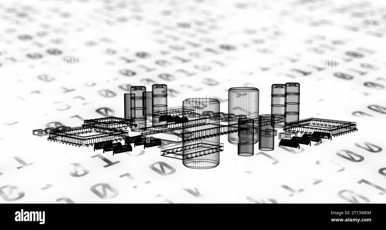 Image du modèle 3d des composants électriques sur des codes binaires sur fond blanc Banque D'Images