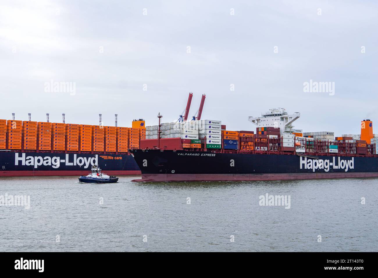 DAS zur Zeit größte unter deutscher Flagge fahrende Schiff Containerschiff Berlin Express der Reederei Hapag-Lloyd liegt auf der Elbe in Hamburg am Hamburger Containerterminal Burchardkai CTB -IMO 9540118, MMSI 211119000 mit dem Containerschiff Valparaiso Express - IMO 9777589, MMSI 218833000Das zur Zeit größte unter deutscher Flagge fahrende Schiff Containerschiff Berlin Express der Reederei Hapag-Lloyd liegt auf der Elbe in Hamburger Containerterminal Burchardkai CTB -IMO 9540118, MMSI 211119000 mit dem Containersch, *** le plus grand navire porte-conteneurs battant pavillon allemand B Banque D'Images