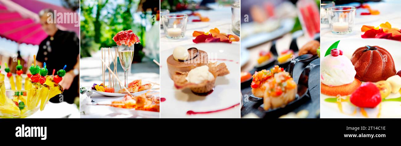 Ensemble d'en-cas et de hors-d'œuvre pour les buffets extérieurs. Collage photo, concept de bannière pour la nourriture lors d'événements et de célébrations Banque D'Images