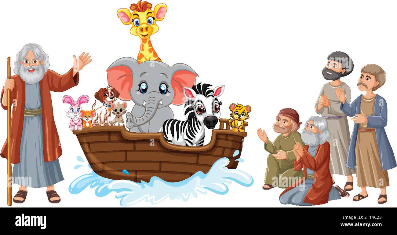 Un ensemble d'adorables personnages de dessins animés illustrant l'histoire de la Bible de l'Arche de Noé Illustration de Vecteur