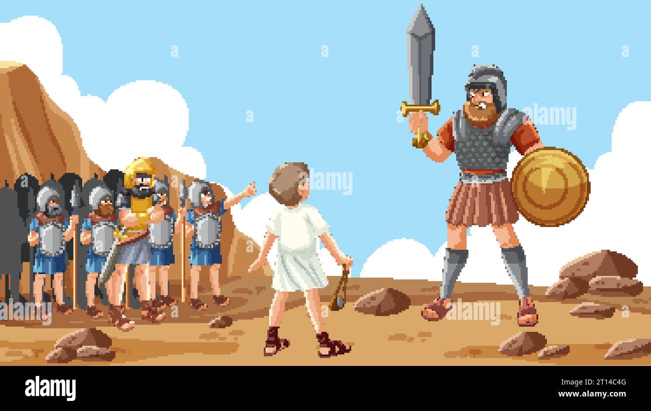 David combat Goliath dans une confrontation biblique religieuse Illustration de Vecteur