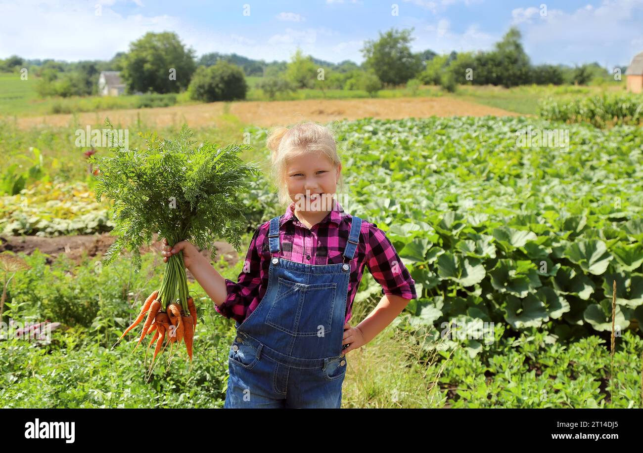 Bébé fille tenant des carottes dans le jardin enfant manger une nourriture saine style de vie vegan bio légumes crus maison cultivé concept de jardinage d'été Banque D'Images