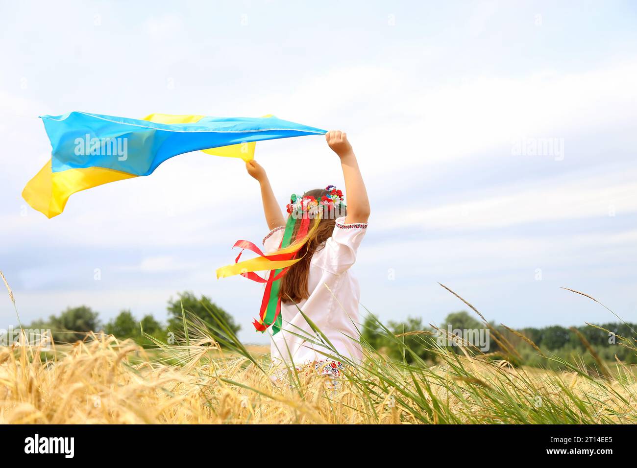 Heureuse jeune fille ukrainienne porte battant pavillon bleu et jaune de l'Ukraine contre le ciel bleu et la mer arrière-plan. Pavillon ukrainien est un symbole d'independenc Banque D'Images