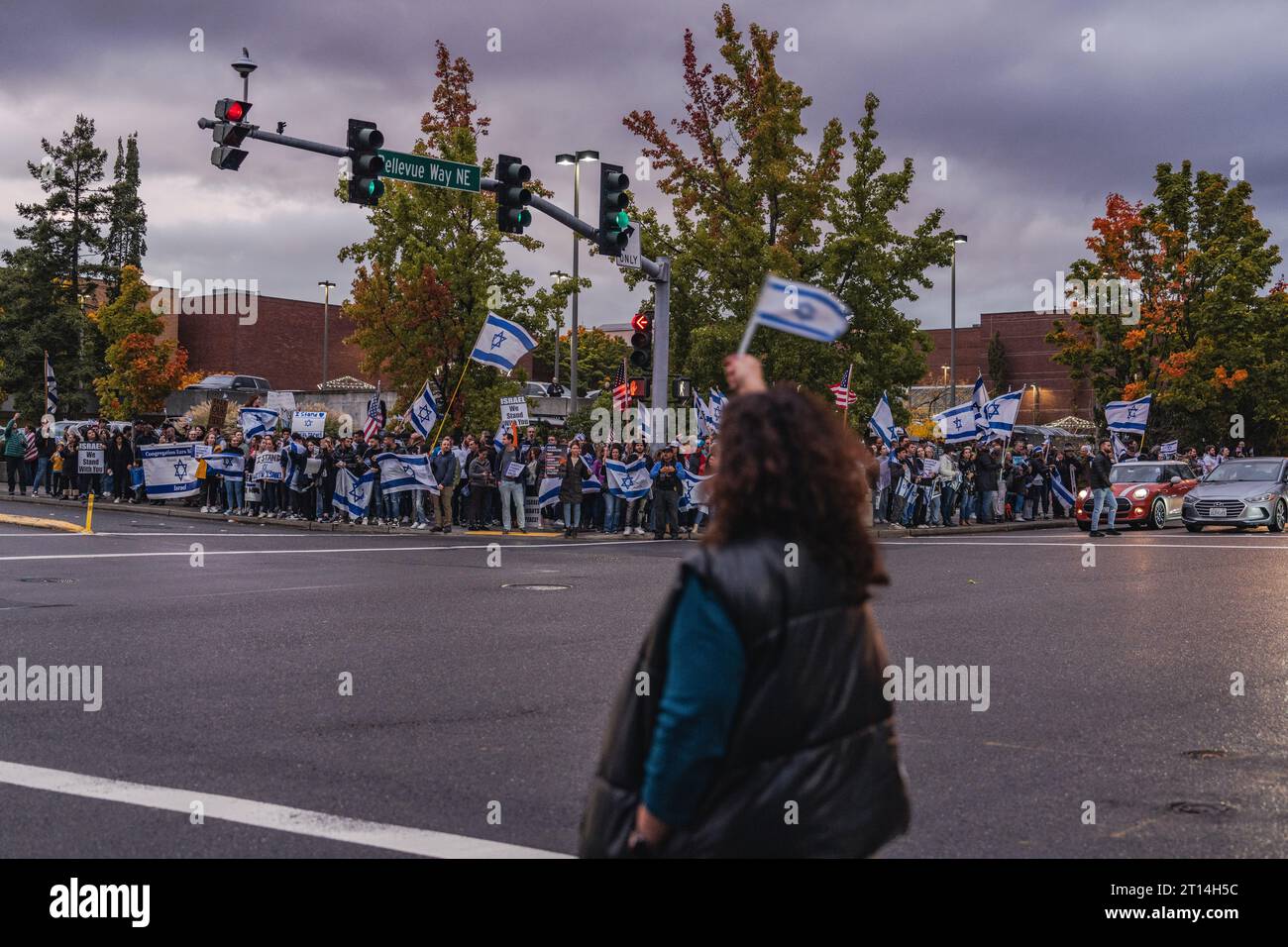 Bellevue, États-Unis. 09 octobre 2023. Des personnes de divers horizons se rassemblent à Bellevue pour montrer leur solidarité en réponse aux récentes attaques du Hamas et aux tensions actuelles au Moyen-Orient. Des centaines de partisans israéliens se sont rassemblés à Bellevue, tenant des drapeaux et des pancartes israéliens. Ils se sont réunis pour exprimer leur solidarité au milieu d’une crise qui s’aggrave. (Photo de Chin Hei Leung/SOPA Images/Sipa USA) crédit : SIPA USA/Alamy Live News Banque D'Images