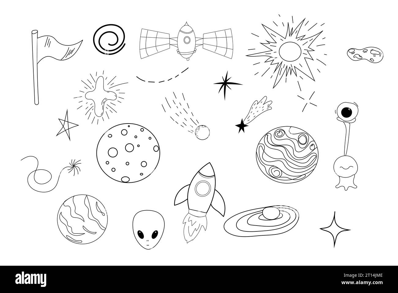 Définir des éléments spatiaux ufo vaisseau spatial, fusée, satellite, étoiles et planètes dans le style doodle isolé. Collection dessinée à la main . Illustration vectorielle Illustration de Vecteur