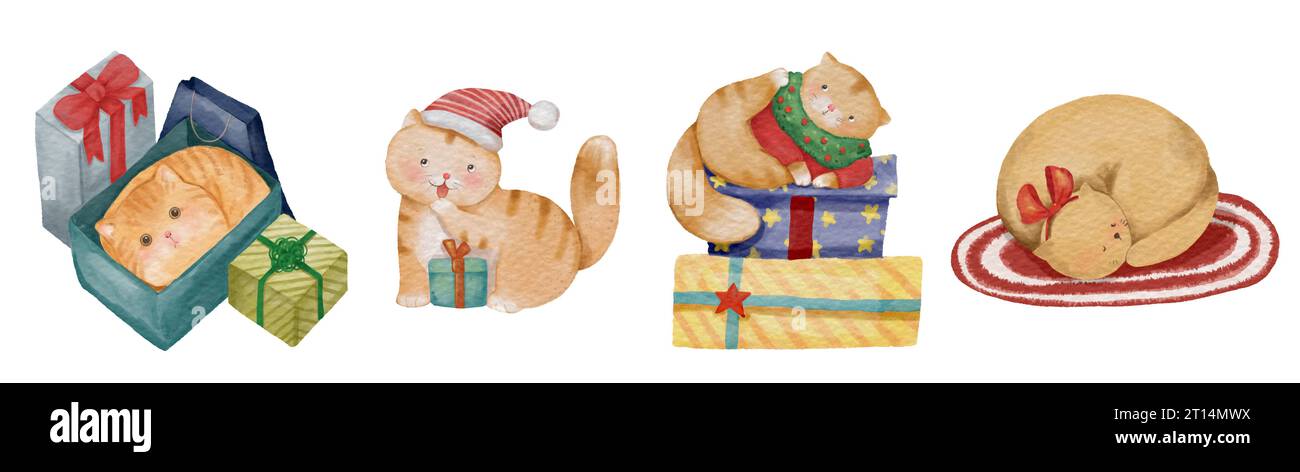 Chat avec costume de noël. Personnages de dessins animés de peinture à l'aquarelle. Jeu 2 de 5 . Vecteur . Illustration de Vecteur