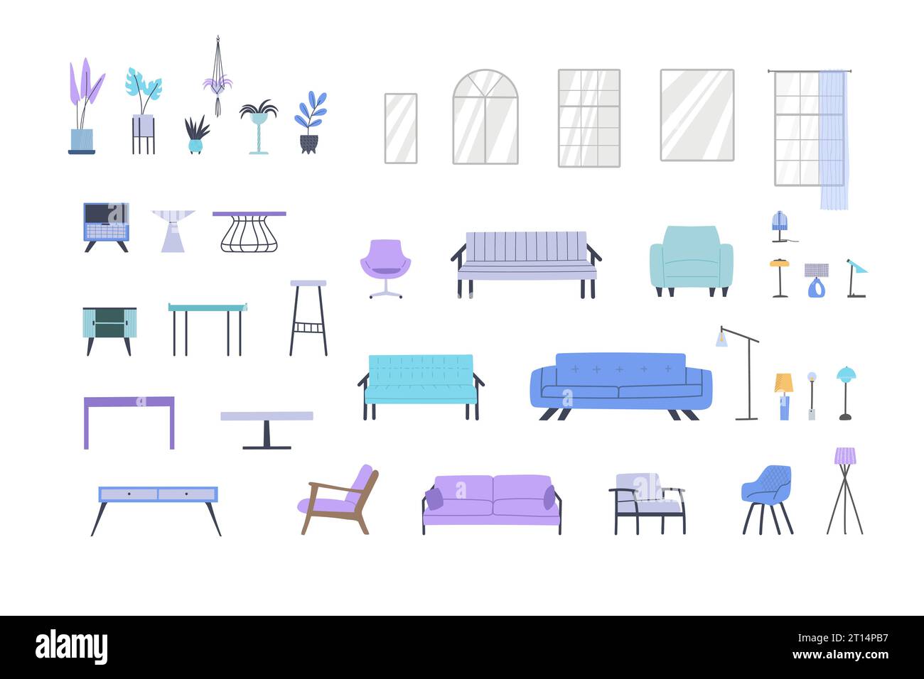 Ensemble de meubles de canapés, fauteuils, tables, tiroirs, lampes, fenêtres, pots de fleurs pour la construction de designs intérieurs. Illustration de Vecteur