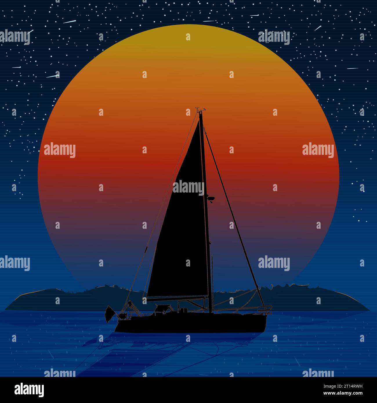 Coucher de soleil mer et voilier. Soleil orange, océan bleu, silhouette d'île et yacht sur fond de ciel étoilé. Paysage marin nocturne. Le voilier reste près de l'isl Illustration de Vecteur