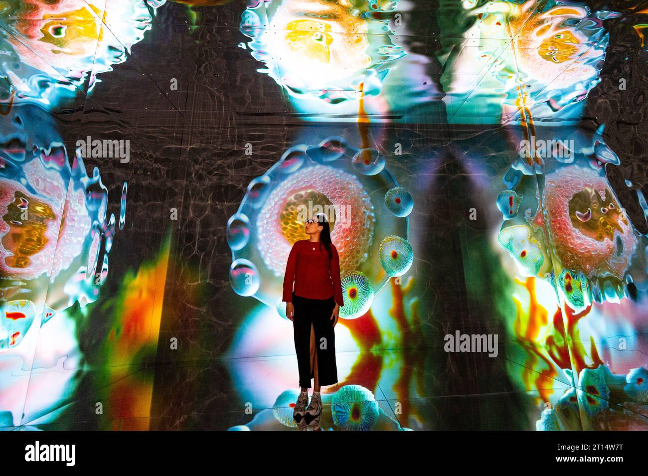 Londres, Royaume-Uni. 11 octobre 2023. Un membre du personnel de formations Space, qui fait partie de latent Spaces, une nouvelle exposition immersive présentée en avant-première à Illuvisionaries à Crossrail place, Canary Wharf. Le spectacle, de Markos Kay, artiste multidisciplinaire handicapé, qui utilise l’animation et l’intelligence artificielle pour brouiller les frontières entre réalité et illusion, ouvre au public le 14 octobre. Crédit : Stephen Chung / Alamy Live News Banque D'Images