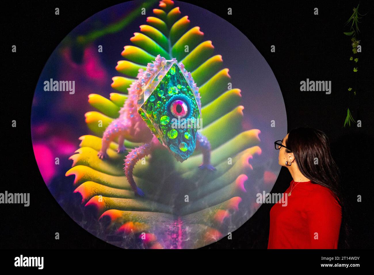 Londres, Royaume-Uni. 11 octobre 2023. Un membre du personnel de Breathing Space, qui fait partie de latent Spaces, une nouvelle exposition immersive présentée en avant-première à Illuvisionaries à Crossrail place, Canary Wharf. Le spectacle, de Markos Kay, artiste multidisciplinaire handicapé, qui utilise l’animation et l’intelligence artificielle pour brouiller les frontières entre réalité et illusion, ouvre au public le 14 octobre. Crédit : Stephen Chung / Alamy Live News Banque D'Images