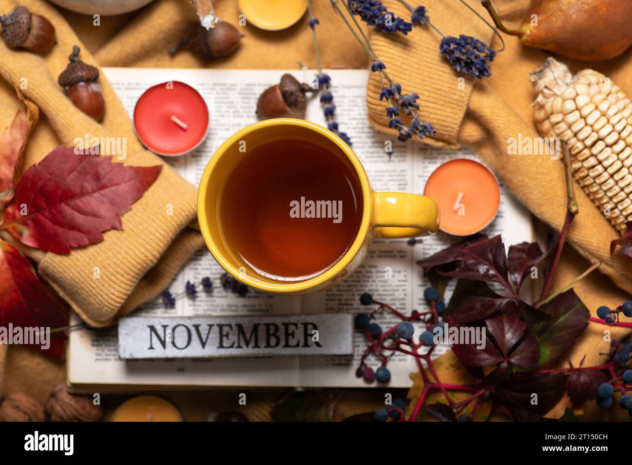 Thème d'automne avec des fruits et des couleurs d'automne. Un pull jaune avec une tasse de thé dessus, un livre, des feuilles d'automne, de petites bougies parfumées et divers fruits. Banque D'Images