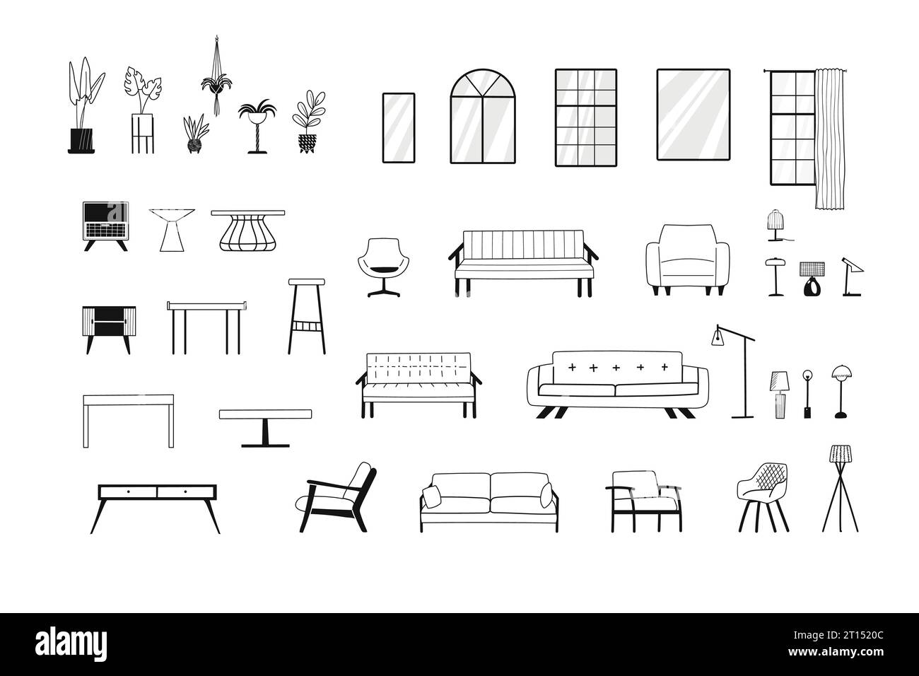Ensemble de contours de meubles de canapés, fauteuils, tables, tiroirs, lampes, fenêtres, pots de fleurs pour la construction de designs intérieurs. Illustration de Vecteur
