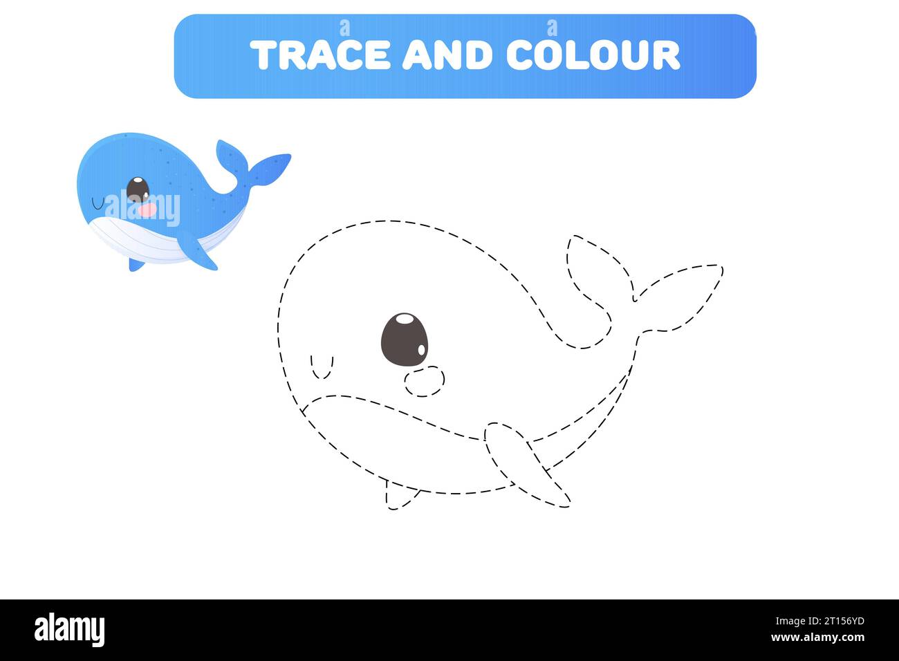 Jeu éducatif pour les enfants 'Connect the Dots' pour la pratique de l'écriture manuscrite livre de coloriage, trace et couleur avec la baleine de caractère mignon de mer Illustration de Vecteur