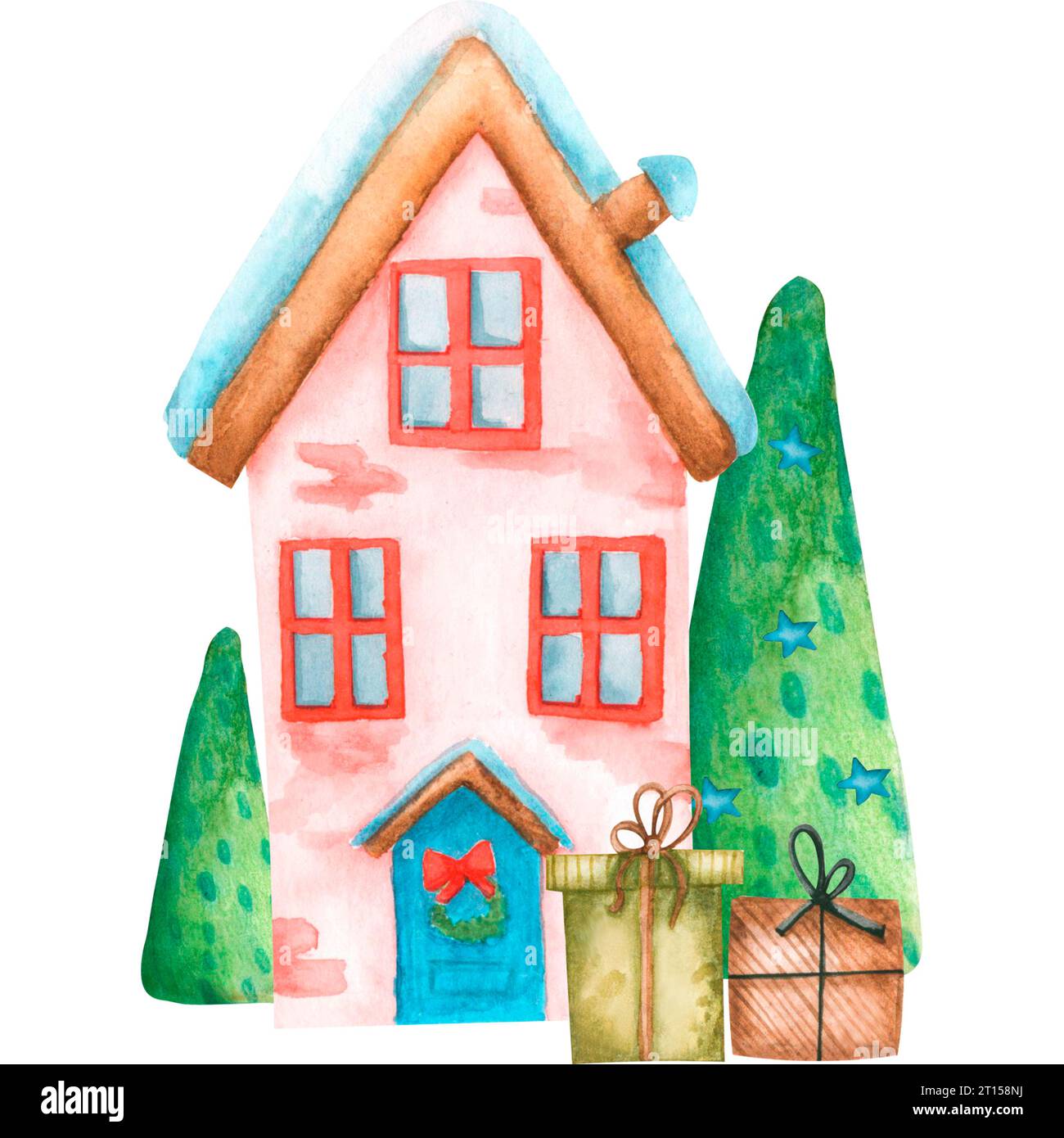 Aquarelle Cozy petite maison dans l'illustration d'aquarelle de scène d'hiver Banque D'Images