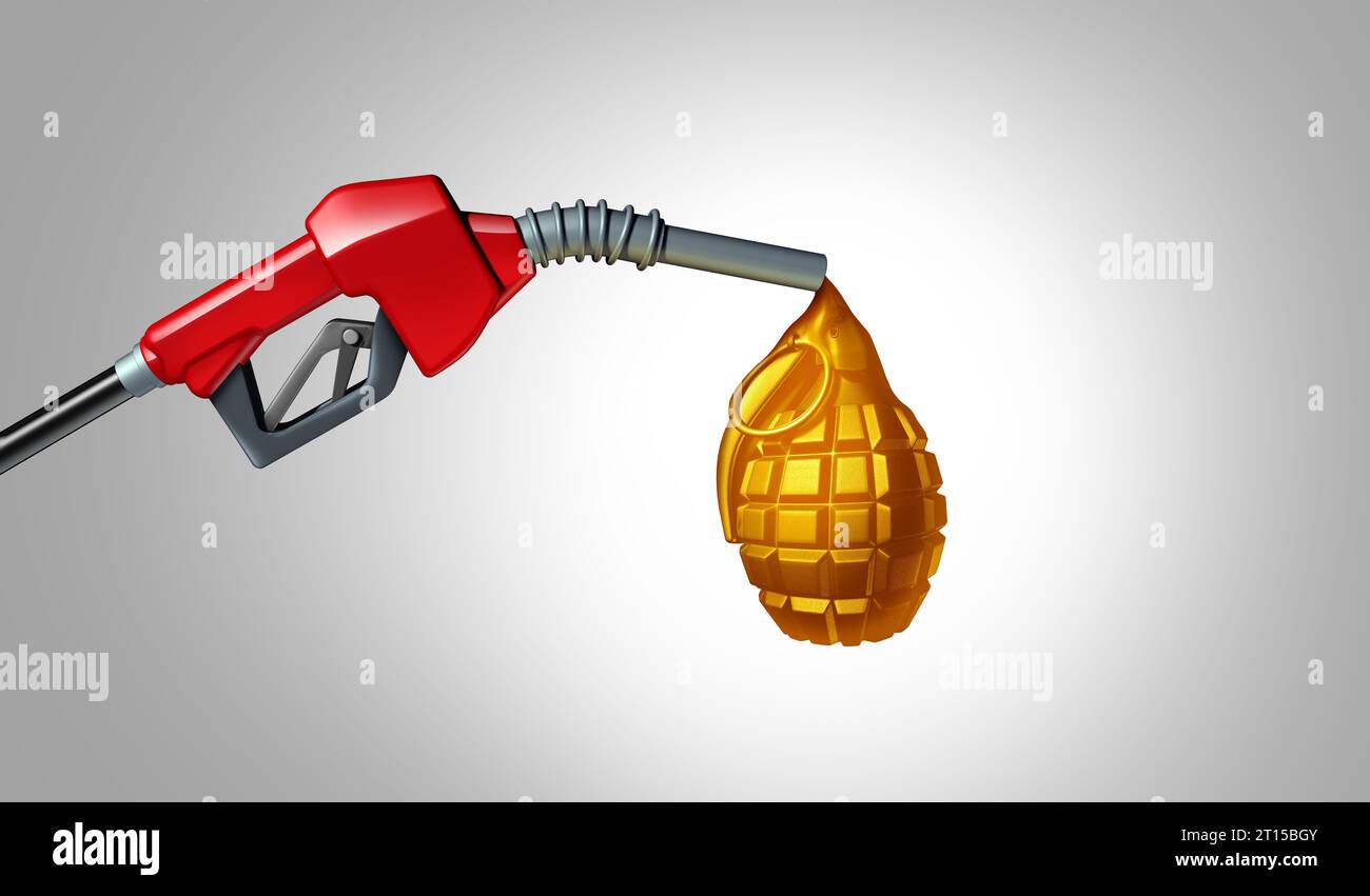 Pétrole et guerre comme une station de ravitaillement de pompe à essence représentant le carburant et la lutte dans le conflit mondial entraînant la hausse des prix de l'essence et l'augmentation. Banque D'Images