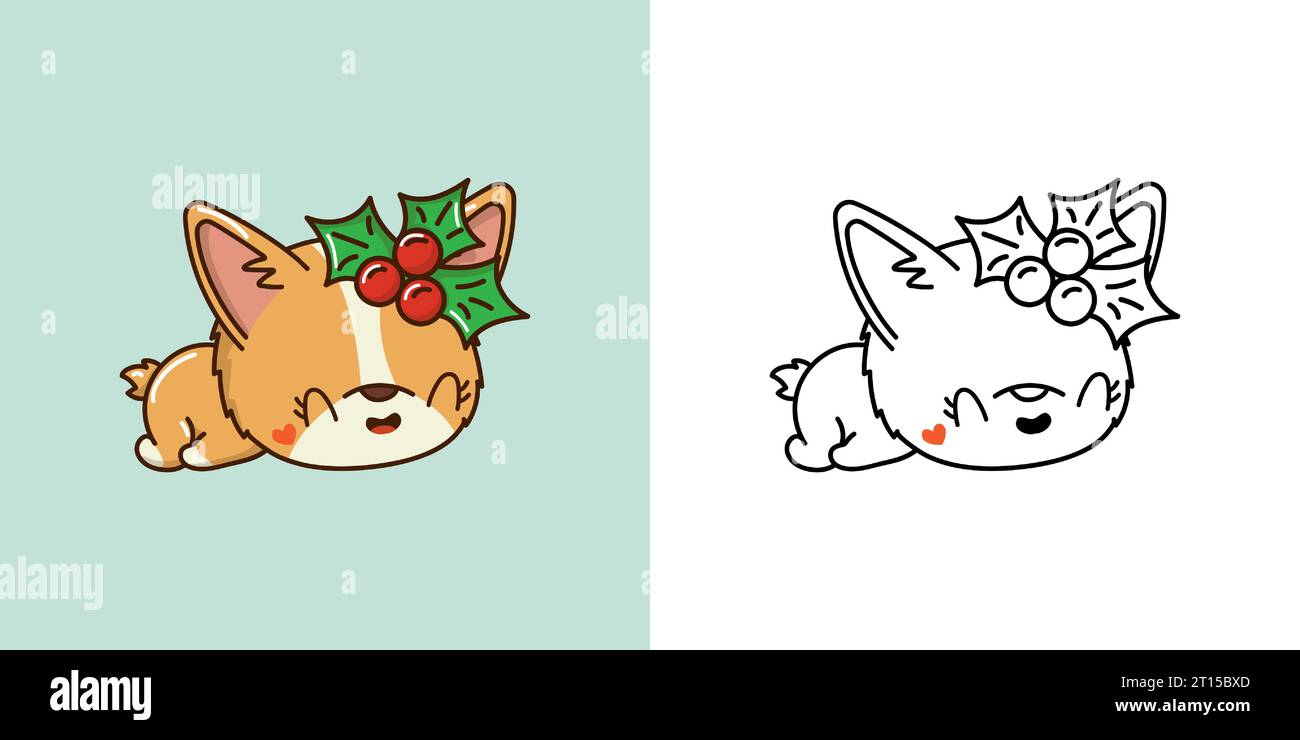 Définir Clipart Christmas Corgi Dog Coloriage page et Illustration colorée. Kawaii Noël PET. Illustration de Vecteur