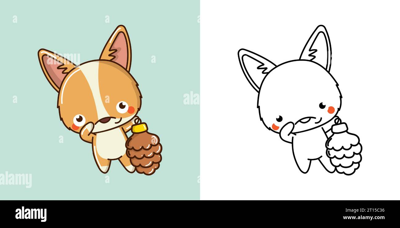 Kawaii Vector Christmas Corgi Dog Illustration et pour Coloriage page. Drôle Kawaii Xmas Doggy. Illustration de Vecteur