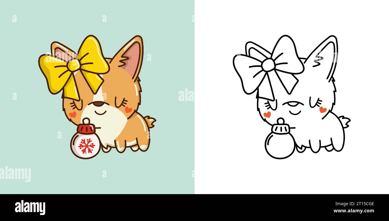 Kawaii Vector Christmas Corgi Dog Illustration et pour Coloriage page. Drôle Kawaii Xmas Doggy. Illustration de Vecteur
