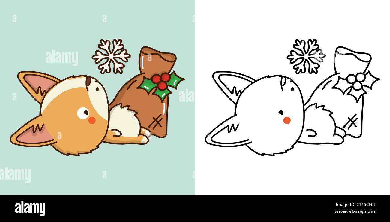 Mignon Noël Corgi Dog Illustration et pour la page de coloriage. Autocollants de dessin animé chien du nouvel an. Illustration de Vecteur