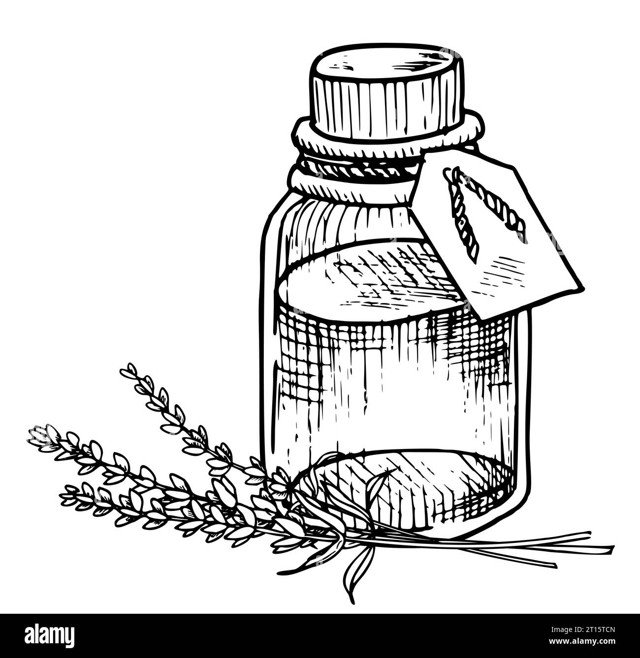 Huile essentielle de lavande. Illustration vectorielle dessinée à la main de bouteille vintage pour l'aromathérapie sur fond isolé blanc. Dessin au trait d'art de vieux flacon avec des fleurs pour la médecine cosmétique ou alternative Illustration de Vecteur