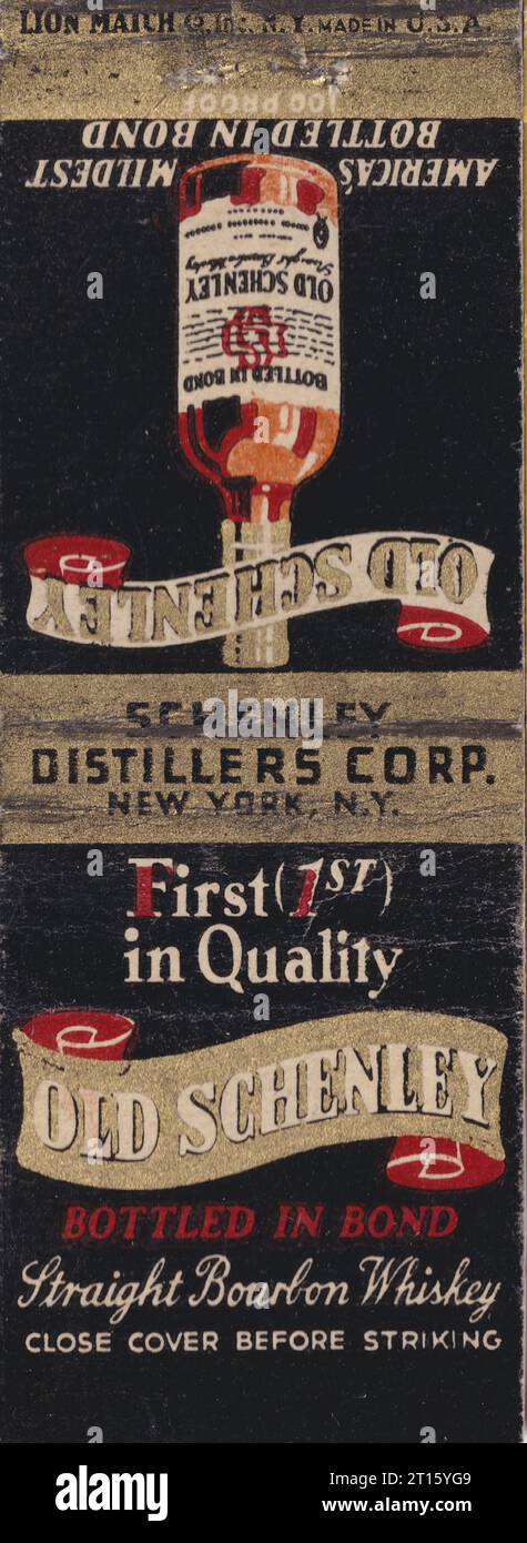 Old Schenley, whisky bourbon droit US Matchbook des années 1940 Banque D'Images