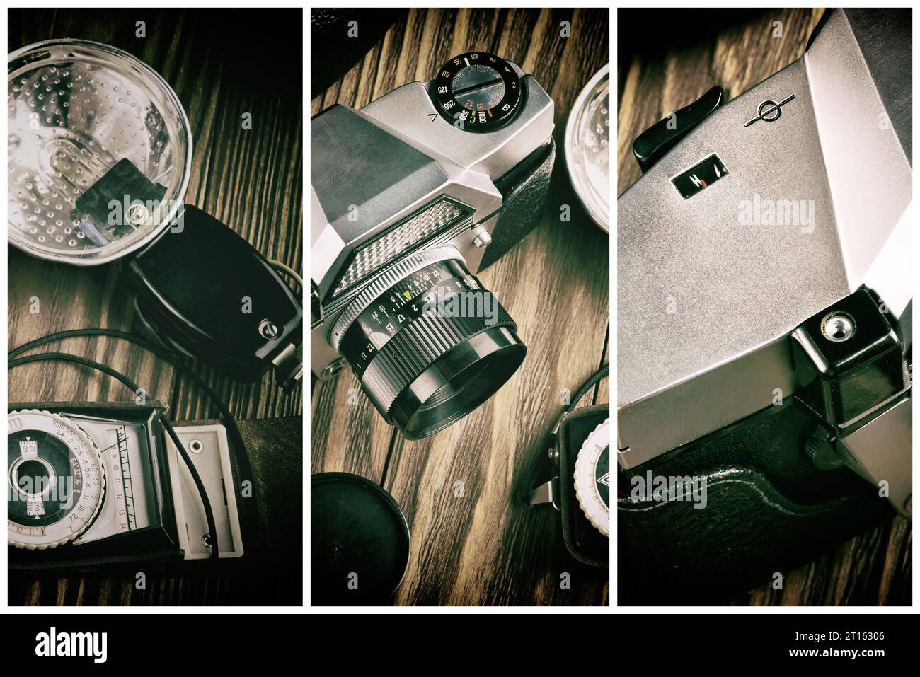 Ancien appareil photo de film vintage, flash et posemètre Banque D'Images
