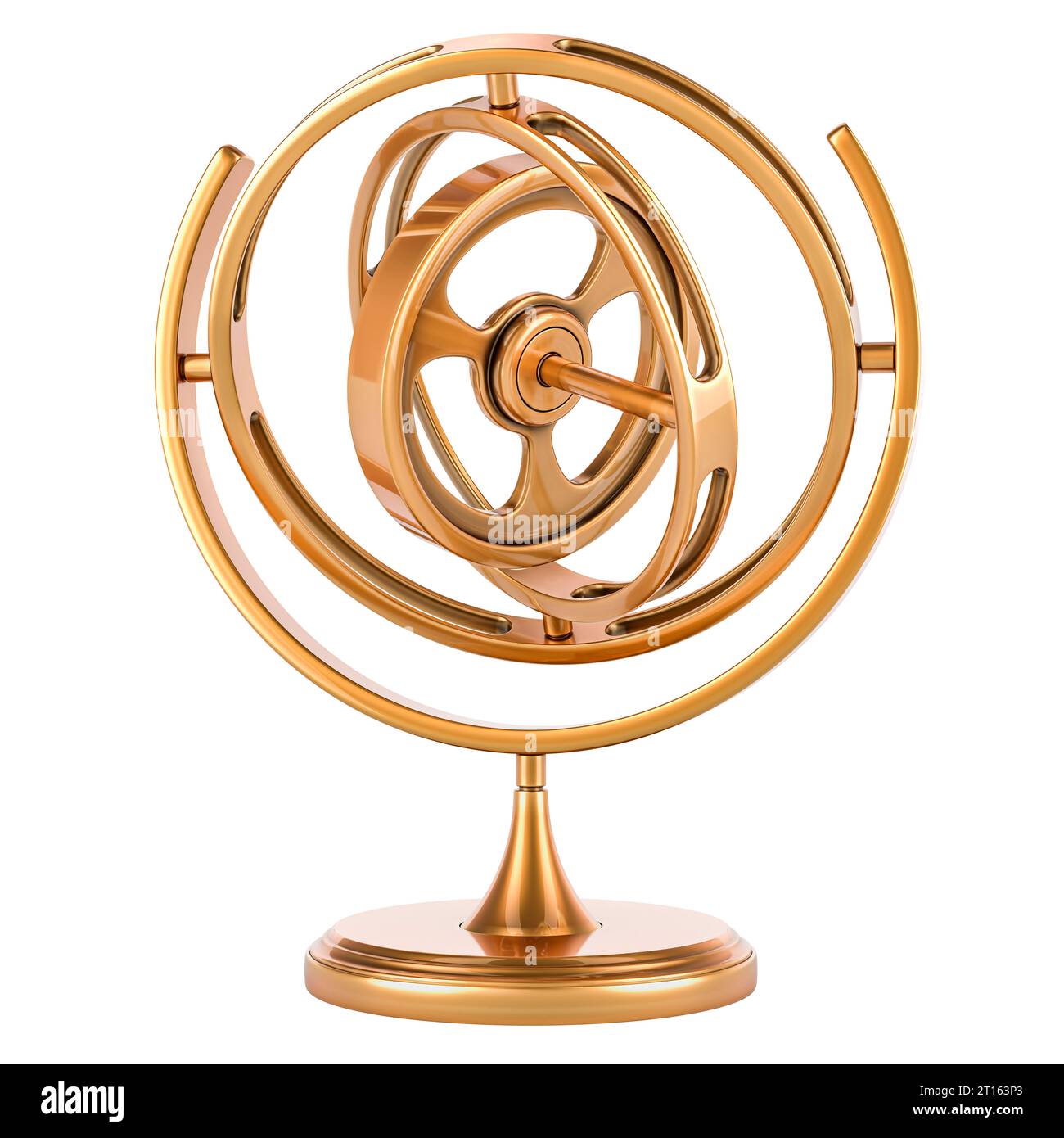 Gyroscope en or, cuivre, bronze ou laiton. Rendu 3D isolé sur fond blanc Banque D'Images