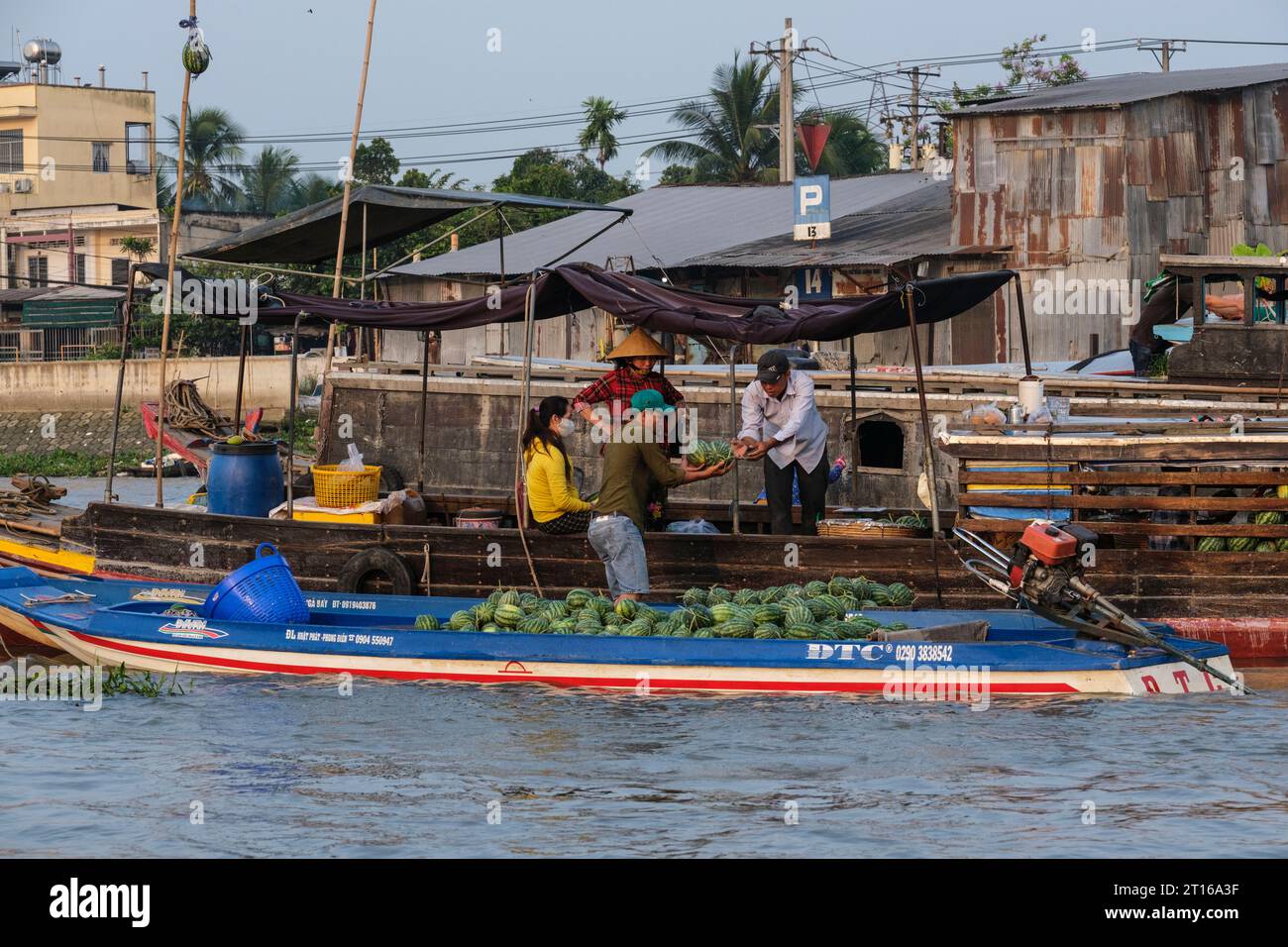 Scène du marché flottant de Phong Dien, près de CAN Tho, Vietnam. Transfert de pastèques. Banque D'Images