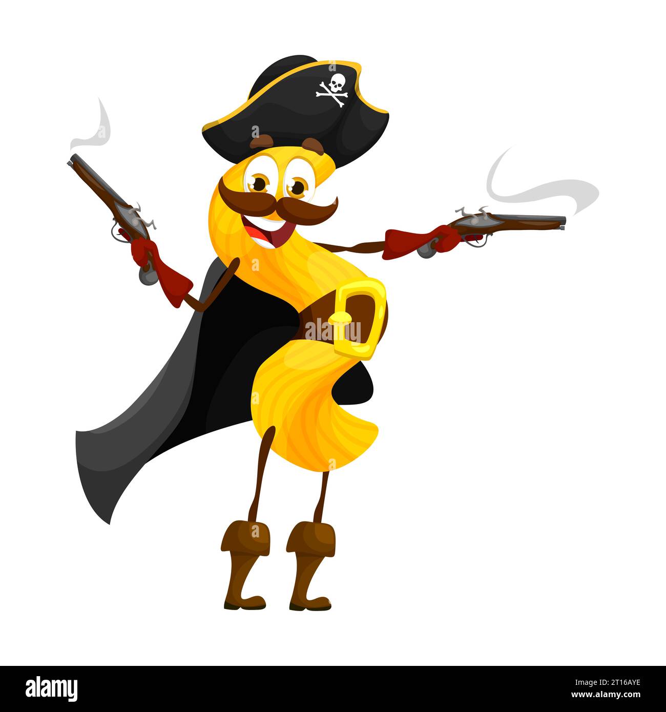 Personnage de pirate de pâtes italien de dessin animé, capitaine caribéen cavatappi dans le chapeau de tricorne, mascotte d'enfants vecteur. Cavatappi pâtes corsair dans le chapeau de crâne crossbones et pistolets filibuster avec sourire drôle Illustration de Vecteur