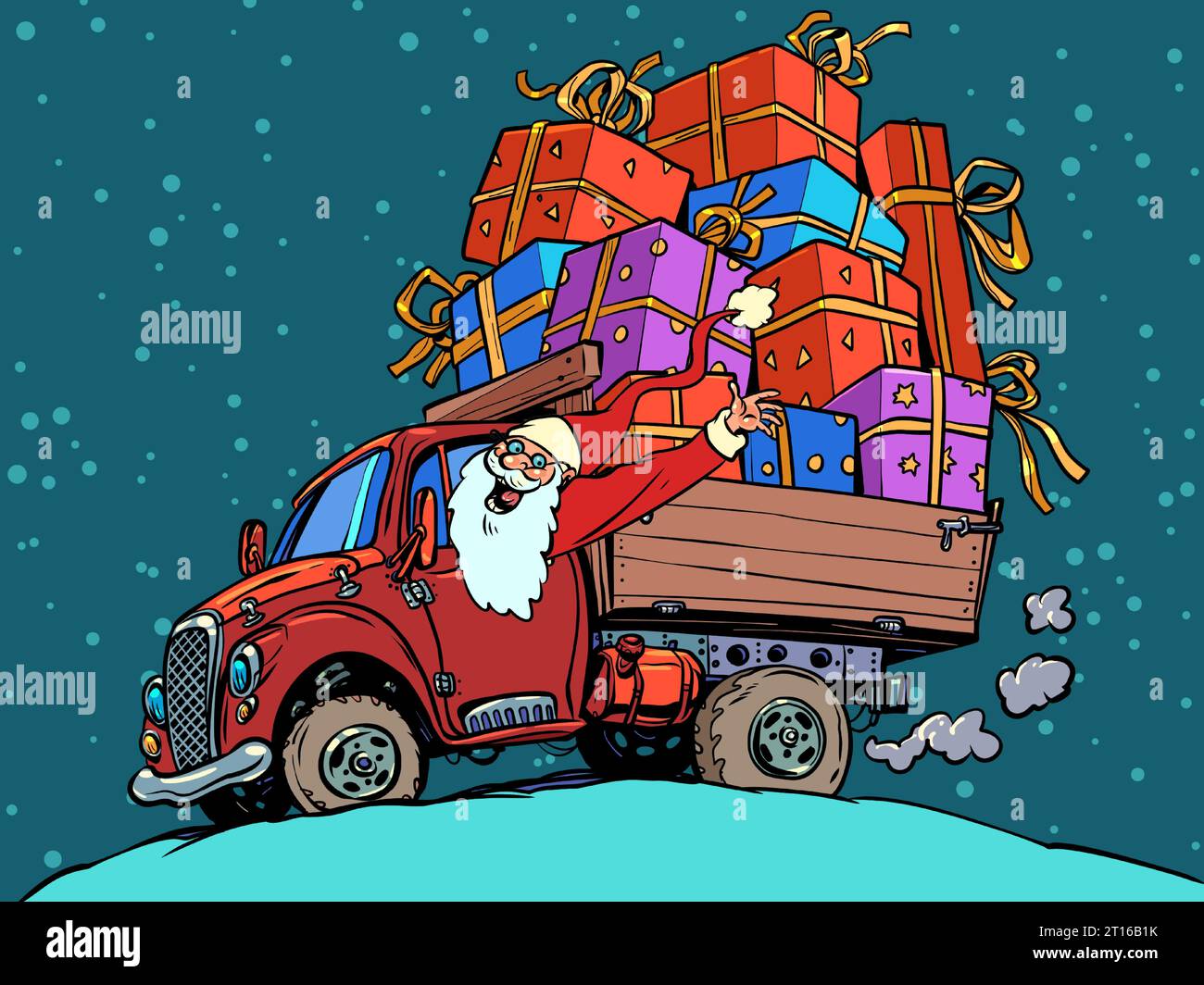 Livraison de cadeaux dans le monde entier à partir du meilleur service. L'ambiance de décembre et les prochaines vacances. Le Père Noël conduit sa voiture avec des cadeaux et des signes. Illustration de Vecteur