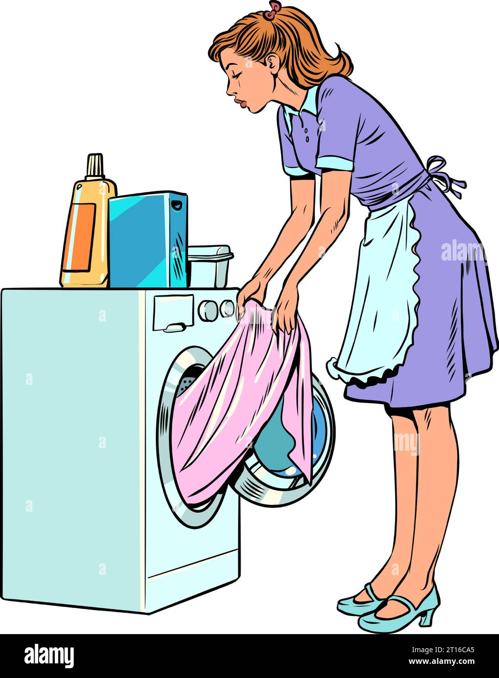 Les serviteurs aident les propriétaires avec la lessive. Femme au foyer responsable s'occupe des tâches ménagères. Une fille en uniforme sort des vêtements de la Illustration de Vecteur