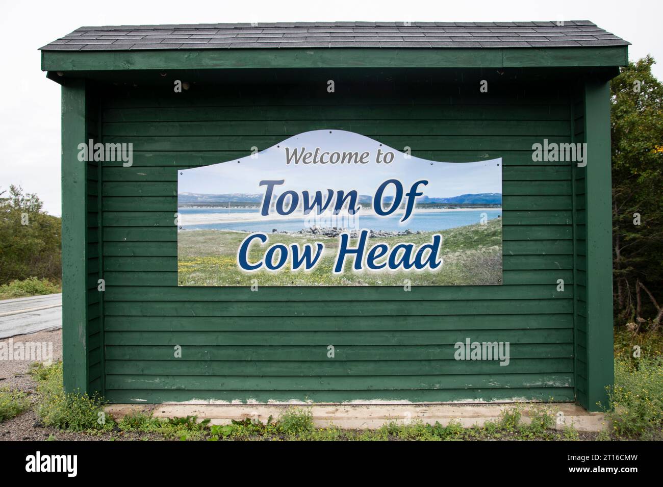 Bienvenue à l'enseigne de la ville de Cow Head à Terre-Neuve-et-Labrador, Canada Banque D'Images