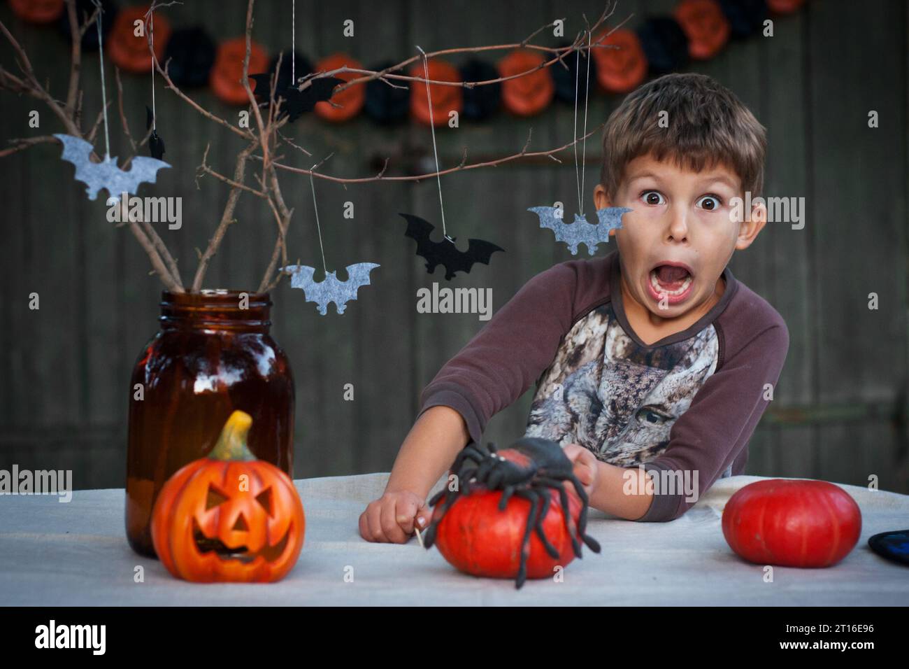 Joyeux Halloween. le garçon préscolaire s'amuse, crie, fait des visages. Friandises. Fête de vacances dans la cour privée, jour d'octobre. Banque D'Images