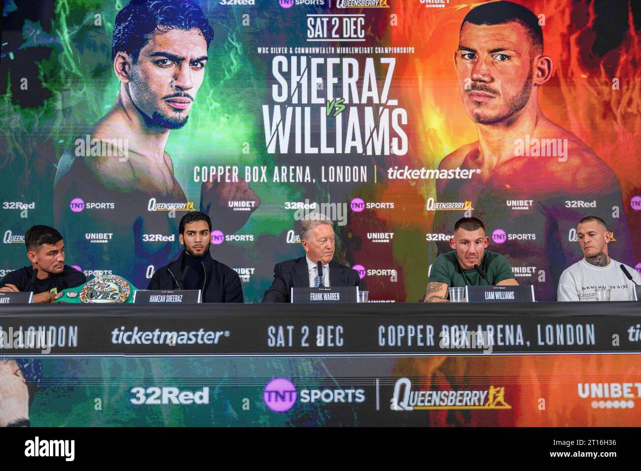 LONDRES, ROYAUME-UNI. 11 octobre 23. De gauche à droite : Sam Noakes Hamzah Sheeran, Frank Warren Liam Williams et Gavin Gwynne lors de Sheeraz vs Williams - Undercard Conférence de presse à Bloomsbury Ballroom le mercredi 11 octobre 2023 à LONDRES, ANGLETERRE. Crédit : Taka G Wu/Alamy Live News Banque D'Images