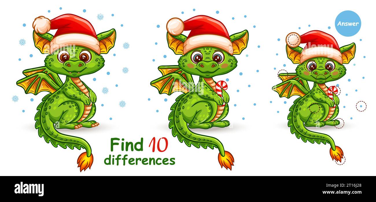Mignon dragon de fée de Noël, monstre de dinosaure trouver 10 jeu de puzzle enfant d'éducation de différence. Animal de fête du nouvel an chinois. Vecteur de tâche logique Kid Illustration de Vecteur