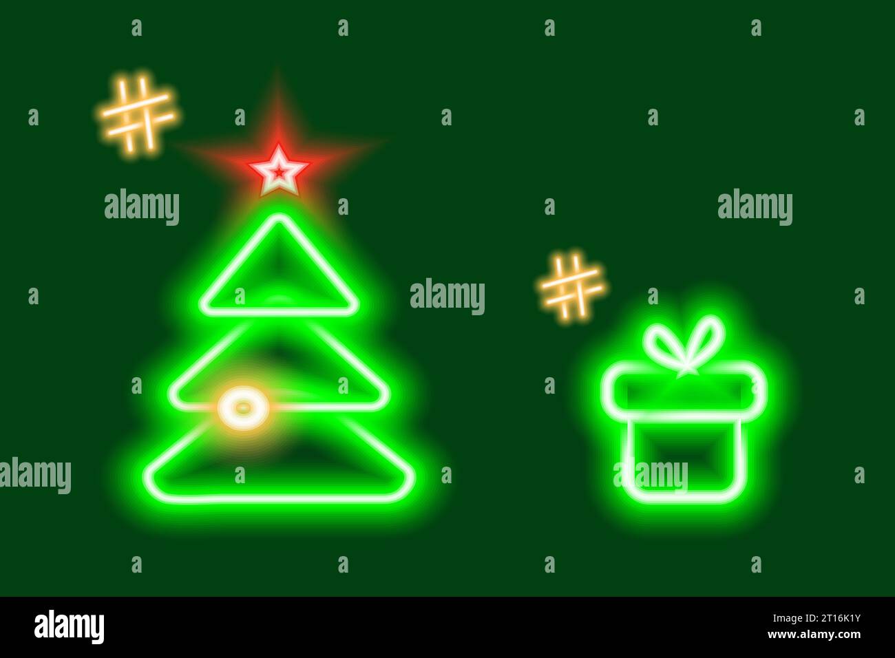 2 icônes de sapin de Noël et de boîte-cadeau néon brillantes avec des hashtags dans des tons verts à la mode. Concept de conception pour autocollant, logo ou recherche, célébrations ou enseigne, pointeur, menu, bannière, affiche ou cartes. EPS Illustration de Vecteur