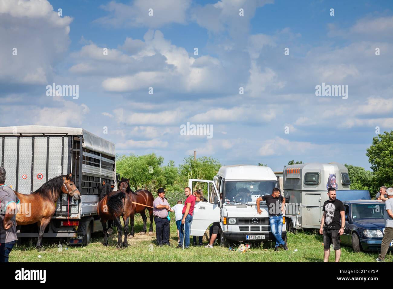 Photo d'hommes négociant des chevaux sur le marché Rumska Straparijada. Banque D'Images