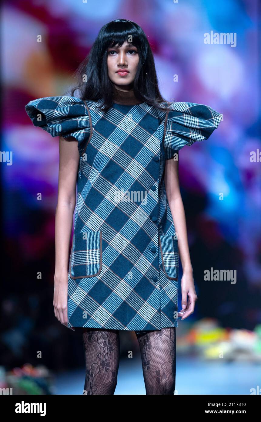 New Delhi, Inde. 11 octobre 2023. Un modèle présente une création du designer indien Ashish Soni lors de la Lakme Fashion week x FDCI à New Delhi, en Inde, le 11 octobre 2023. Crédit : Javed Dar/Xinhua/Alamy Live News Banque D'Images