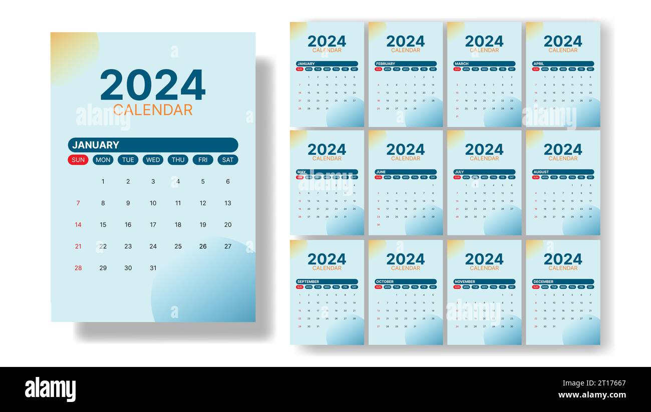 modèle de calendrier 2024, conception de calendrier de bureau 2024, calendrier  mural 2024 année, ensemble de 12 mois, la semaine commence dimanche,  planificateur, organisateur annuel, papeterie, inspiration de calendrier,  vecteur de fond