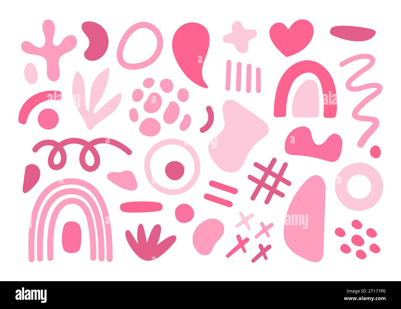 Ensemble de formes géométriques abstraites à noyau rose. Vecteur dessiné à la main diverses formes et des objets doodle. Style moderne contemporain abstrait. Rose tendance et blanc Illustration de Vecteur