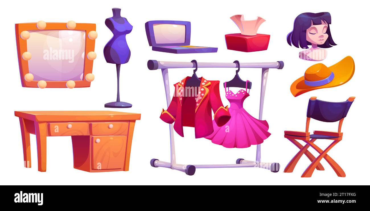 Éléments de conception de dressing de théâtre isolés sur fond blanc. Illustration de dessin animé vectoriel de montrer les détails des coulisses, miroir de maquillage avec des ampoules, costumes sur rack, perruque sur mannequin, cosmétiques Illustration de Vecteur