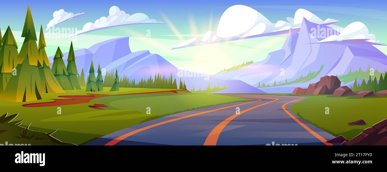 Fond de vecteur de dessin animé de paysage de route de montagne d'été. Autoroute dans la forêt de pins pour voyager. Chemin de vacances ensoleillé aux alpes bel environnement extérieur. Rayon du soleil et nuage dans la scène de route de voyage de ciel Illustration de Vecteur