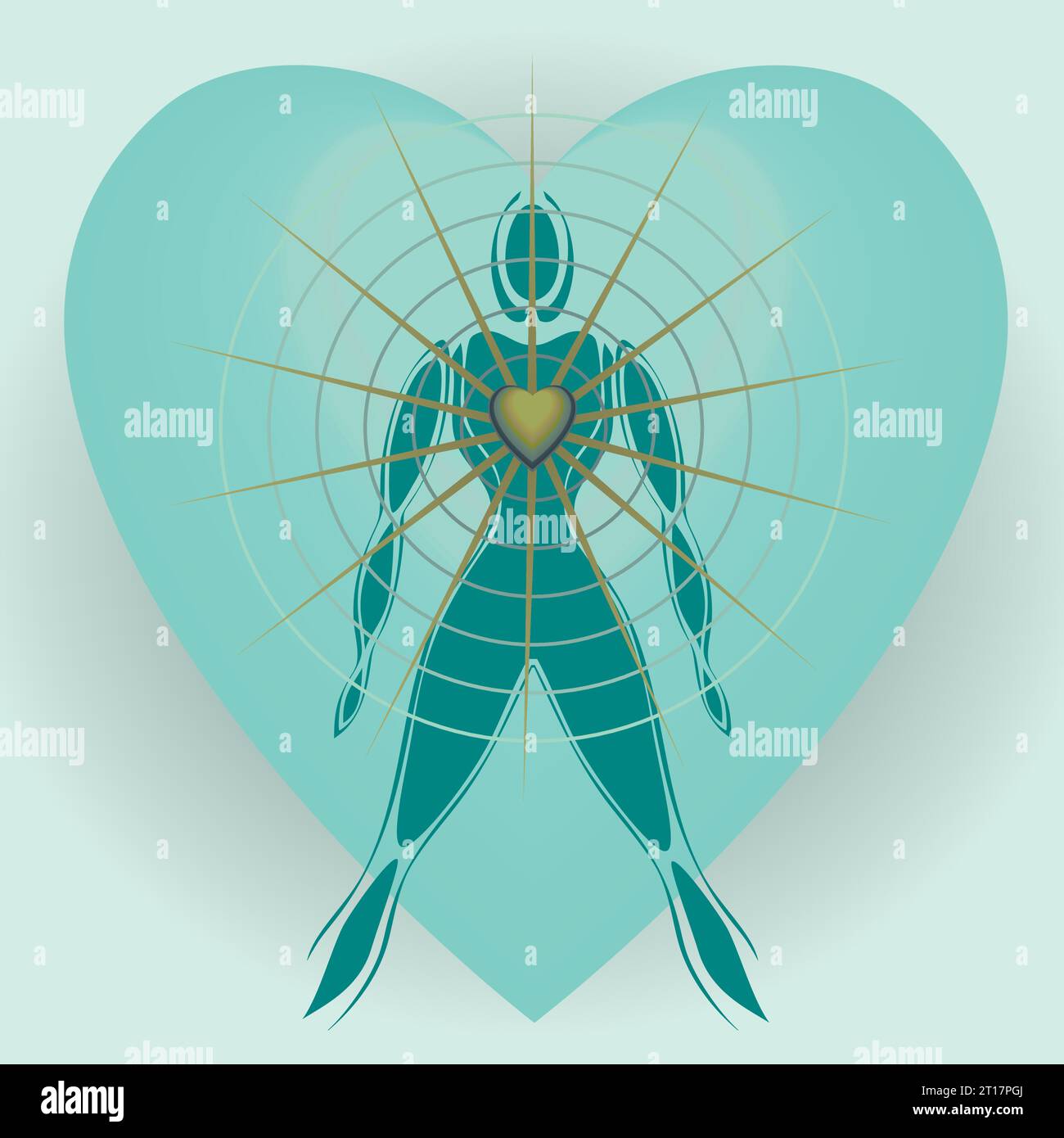 Corps humain avec grand cœur rayonnant des rayons de lumière, cohérence cardiaque, amour, santé, détente, rééquilibrage, expansion Network Lightworker, Méditation Illustration de Vecteur