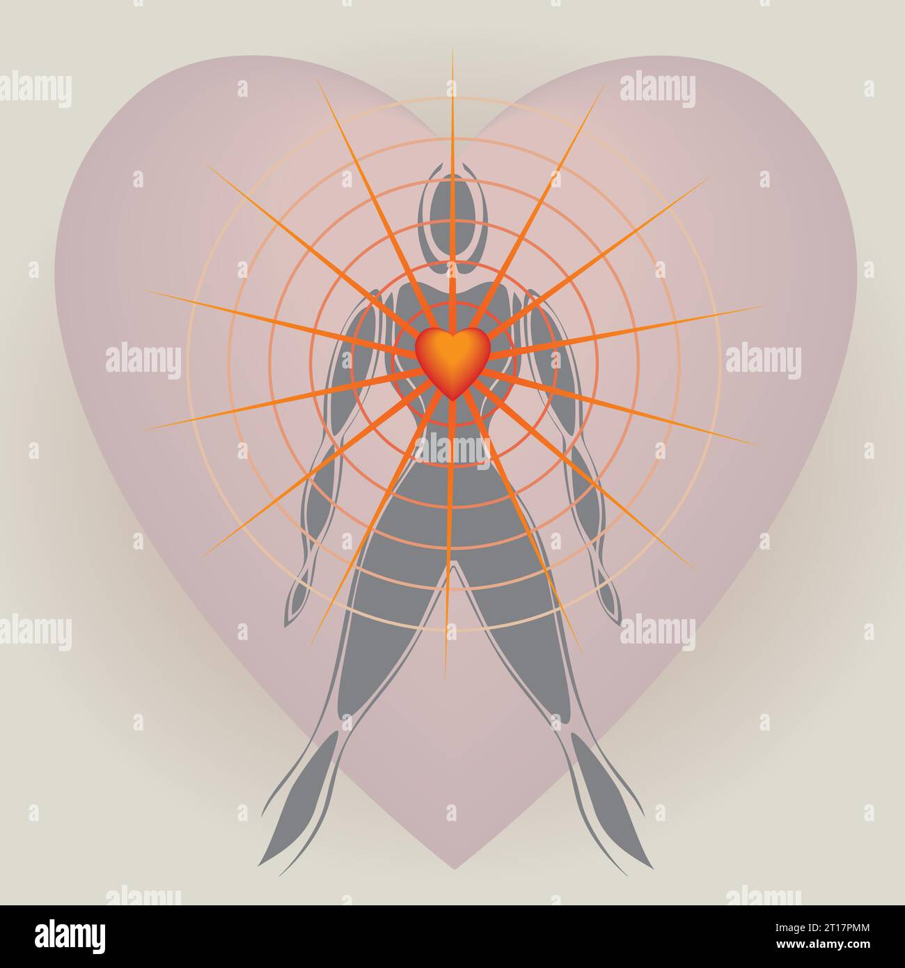 Corps humain avec grand cœur rayonnant des rayons de lumière, cohérence cardiaque, amour, santé, détente, rééquilibrage, expansion Network Lightworker, Méditation Illustration de Vecteur