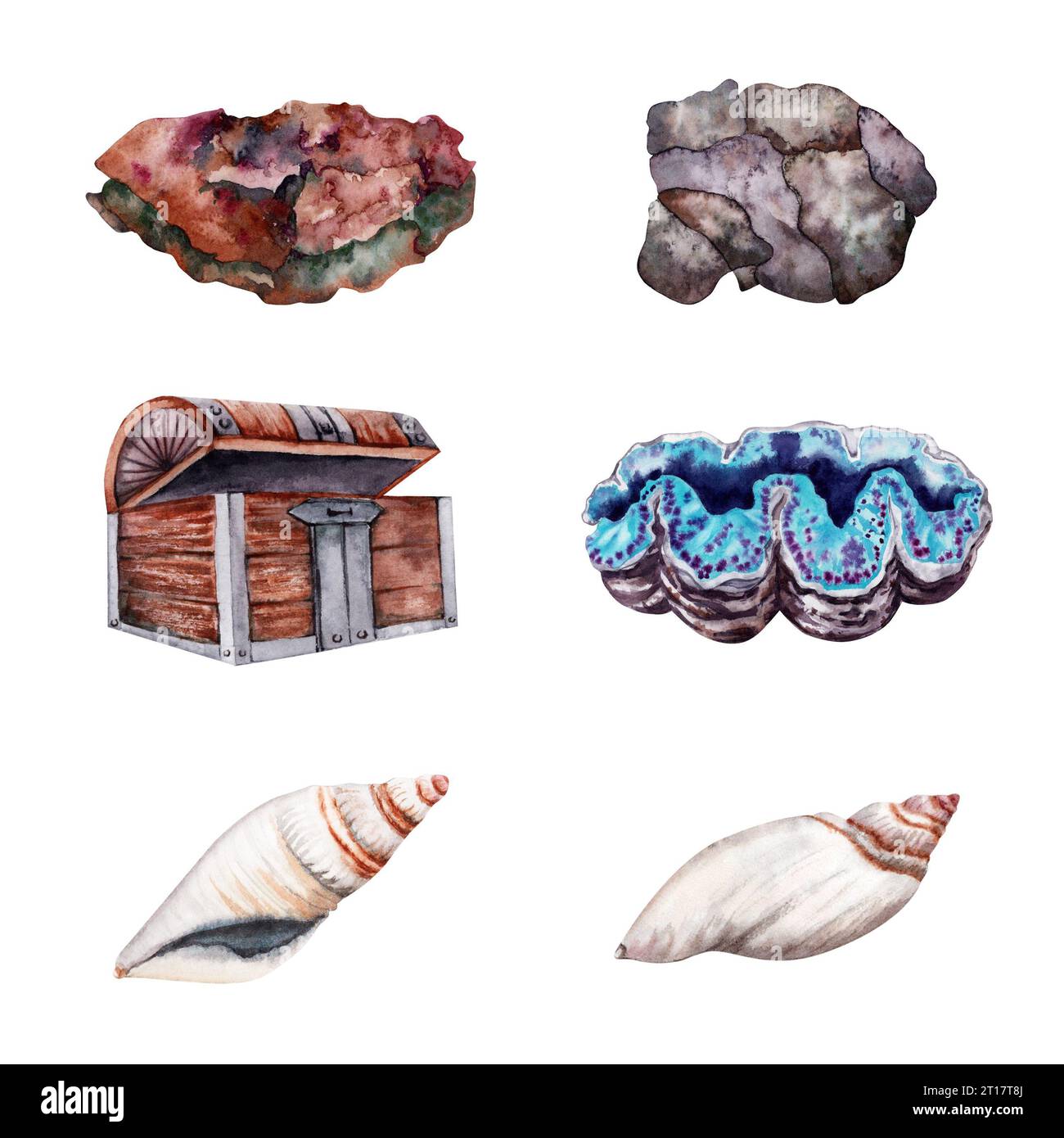 Collection de coquillages, rochers et coffre au Trésor avec palourde géante bleue. Sous-marin Tropical Coral Reef Set illustration aquarelle sur fond blanc Banque D'Images