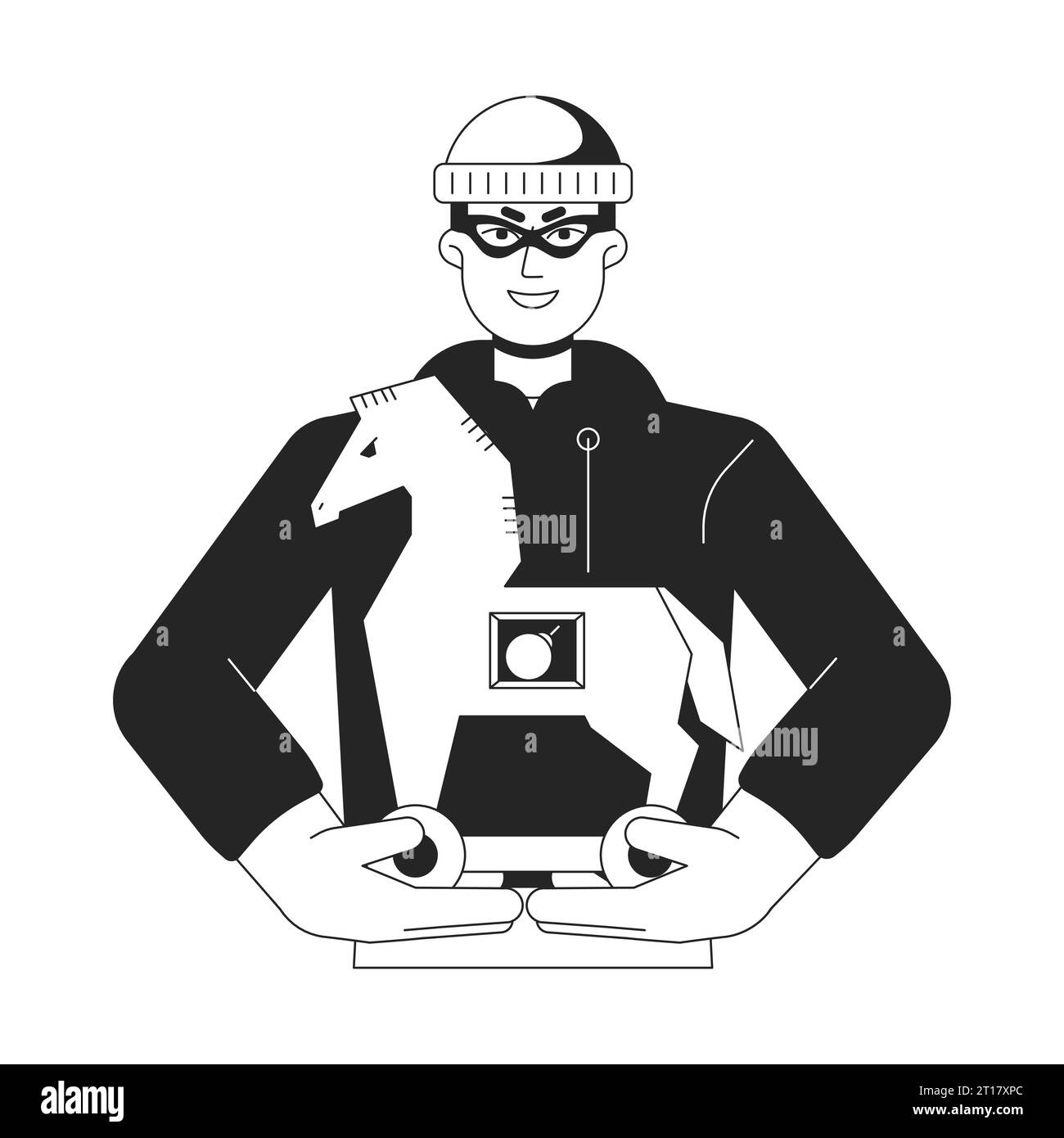 Homme tenant le cheval de troie à la ligne plate caractère vectoriel blanc noir Illustration de Vecteur