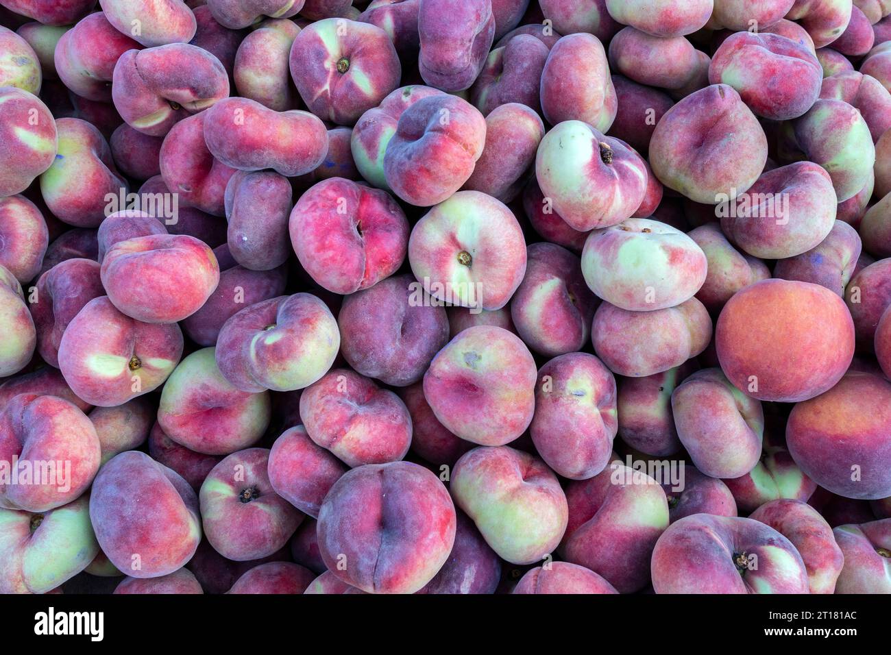 Platt Pfirsische (Prunus persica) auf dem Markt in Rhodos Stadt am frühen Morgen, Rhodos, Griechenland Banque D'Images