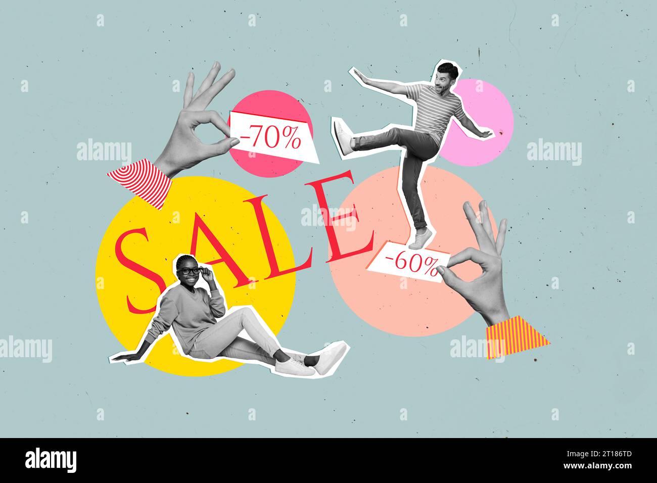 Illustration photo créative illustration art collage de la danse jeune homme fou vente chaude près de la femme transgenre assise isolé sur fond gris Banque D'Images