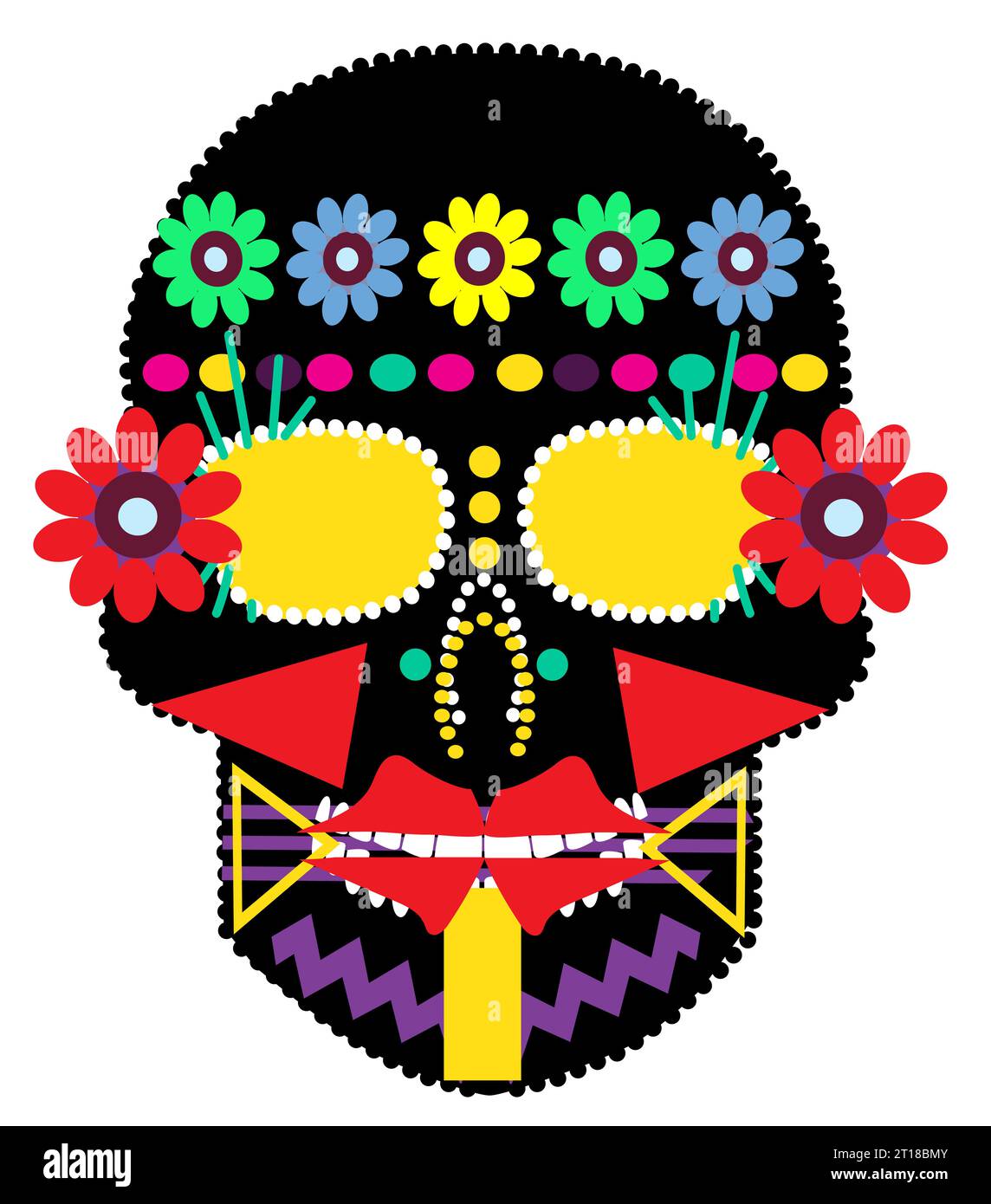 Crâne mexicain couleur noire avec des fleurs, vecteur. Jour des morts et arrière-plan de design de mode. Banque D'Images