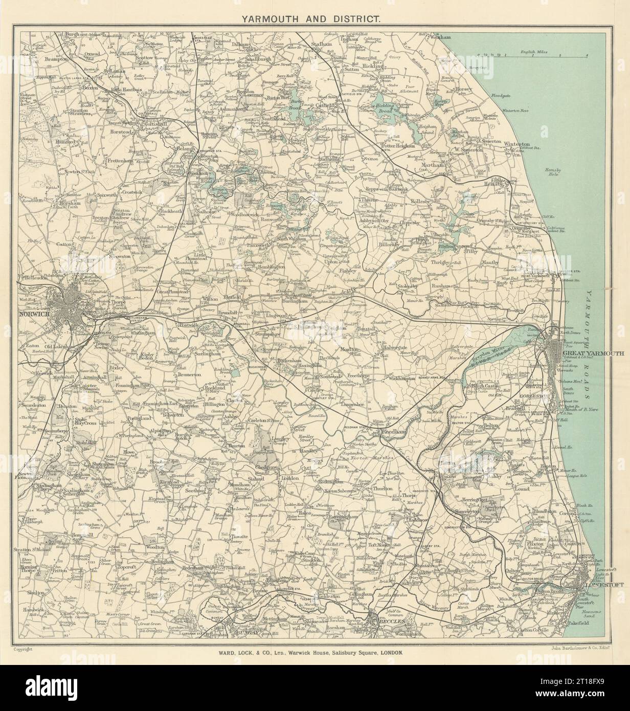 NORFOLK BROADS. Great Yarmouth Lowestoft Beccles Norwich. Carte WARD LOCK 1909 Banque D'Images